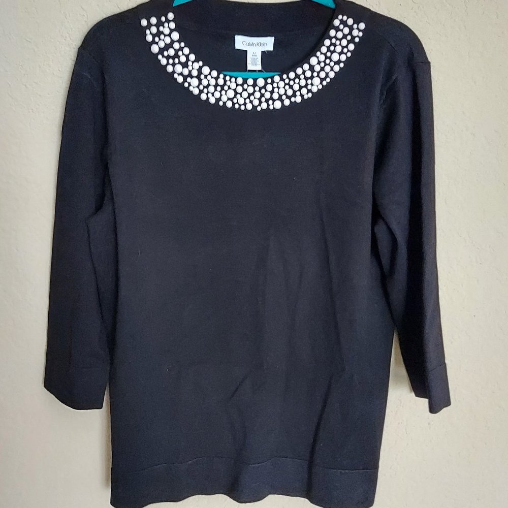 Black Shirt with Pearl Studded Collar Detail